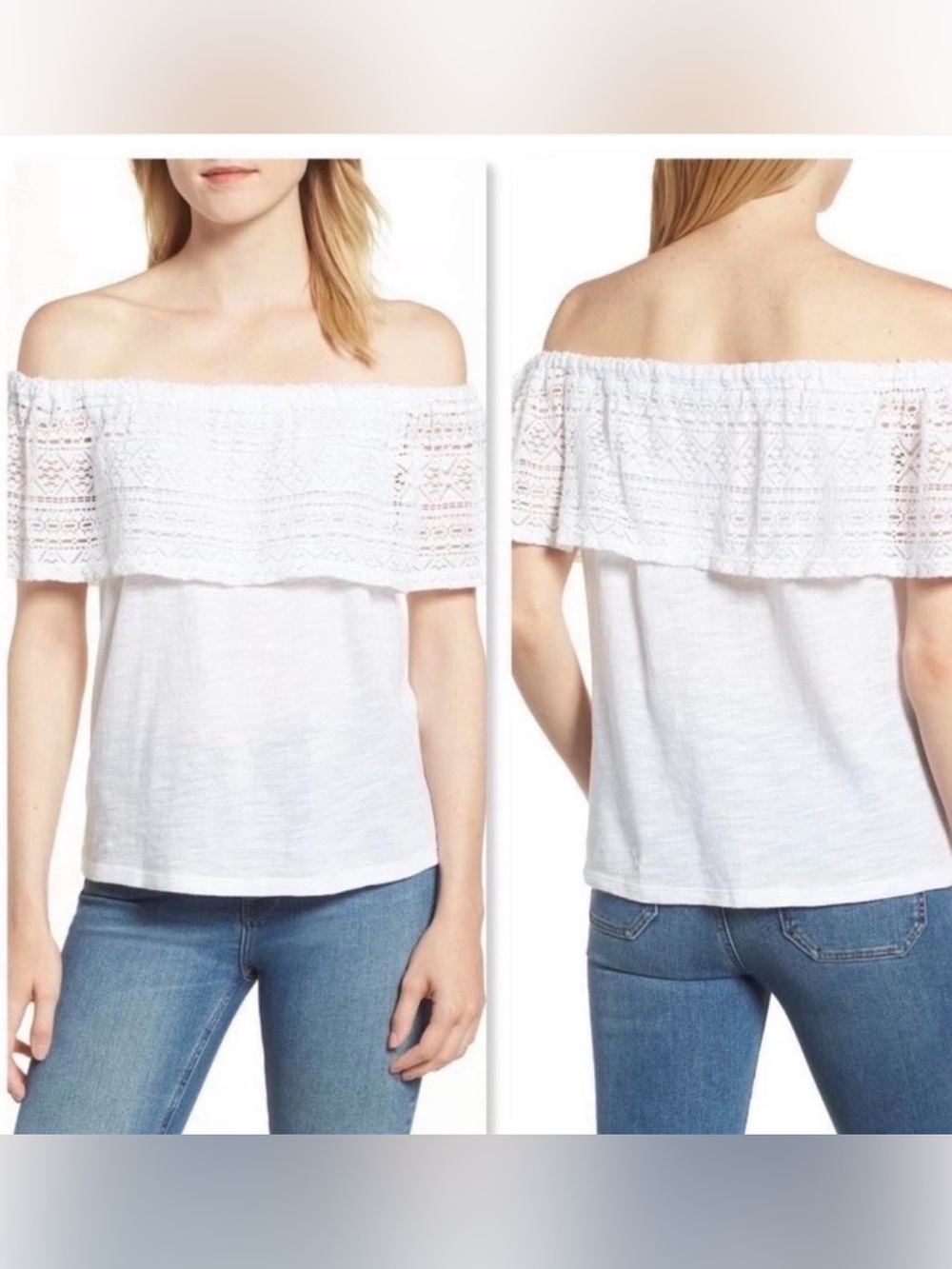 Lucky Brand White Crochet Lace Off Shoulder Top S NWT